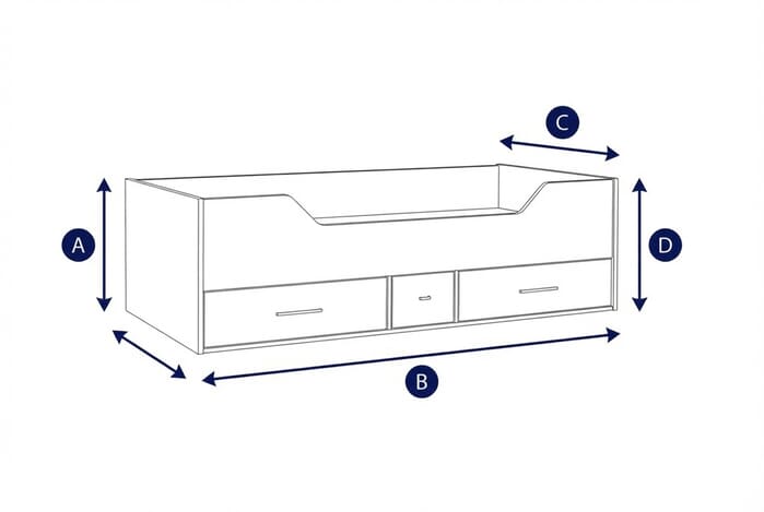 Diagram showing dimensions of the Camden Kids Cabin Bed with labeled height, width, and depth