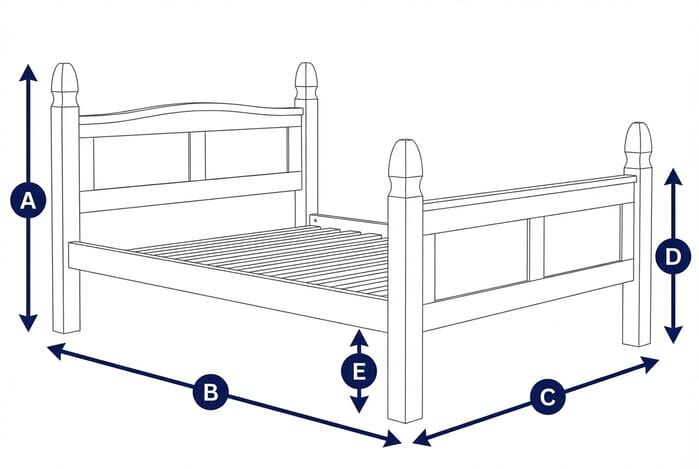 Diagram showing dimensions of the Corona High End Pine Bed with labeled height, width, and depth