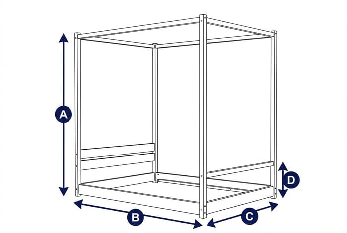 Diagram showing dimensions of the Darwin White Four Poster Bed with labeled height, width, and depth