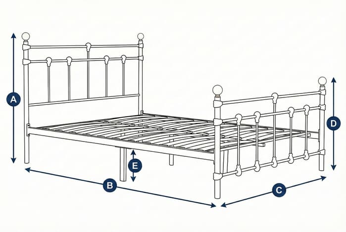 Diagram showing dimensions of the Atlas Metal Bed with labeled height, width, and depth