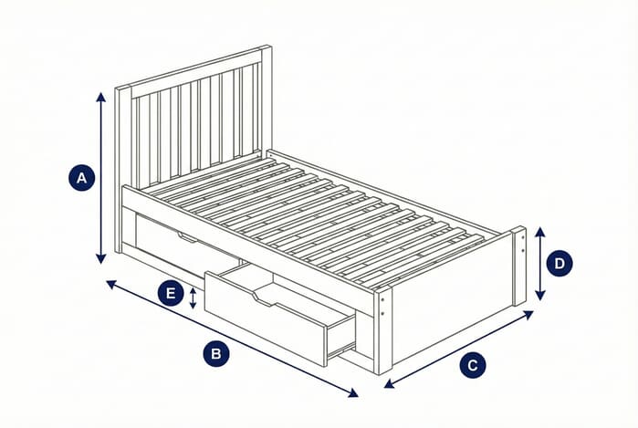 Diagram showing dimensions of the Appleby Wooden Kids Storage Bed with labeled height, width, and depth
