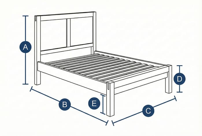 Diagram showing dimensions of the Bellevue Solid Oak Bed with labeled height, width, and depth