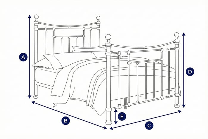Diagram showing dimensions of the Bronte Metal Bed with labeled height, width, and depth