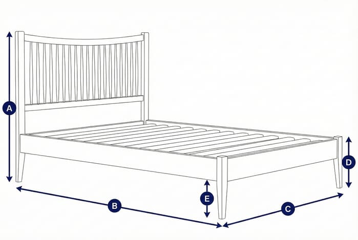 Diagram showing dimensions of the Berwick Solid Oak Bed with labeled height, width, and depth