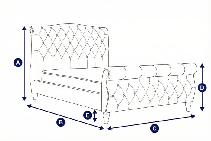 Diagram showing dimensions of the Colorado Grey Fabric Bed with labeled height, width, and depth
