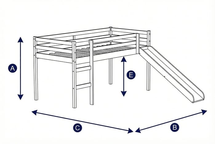 Diagram showing dimensions of the Frankie Midi Sleeper Kids Slide Bed with labeled height, width, and depth