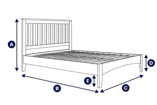 Diagram showing dimensions of the Hampstead Wooden Bed with labeled height, width, and depth