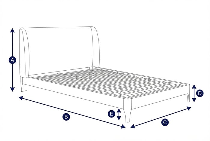 Diagram showing dimensions of the Halfden Grey Boucle Bed with labeled height, width, and depth
