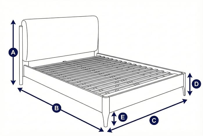 Diagram showing dimensions of the Hatti White Fabric Bed with labeled height, width, and depth