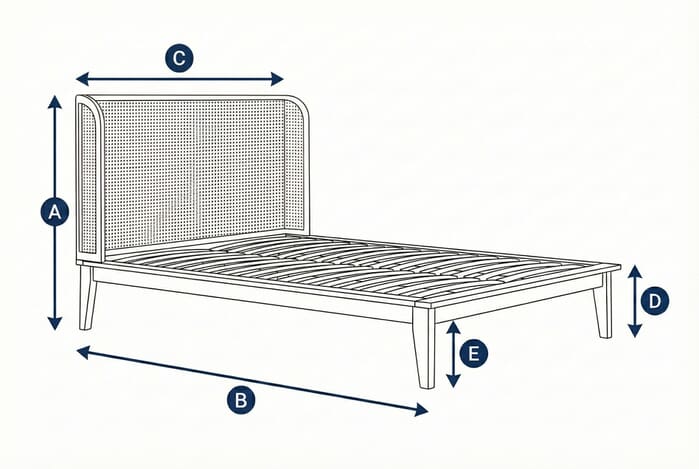 Diagram showing dimensions of the Astrid Rattan Bed with labeled height, width, and depth