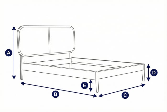 Diagram showing dimensions of the Elina Rattan Oak Bed with labeled height, width, and depth