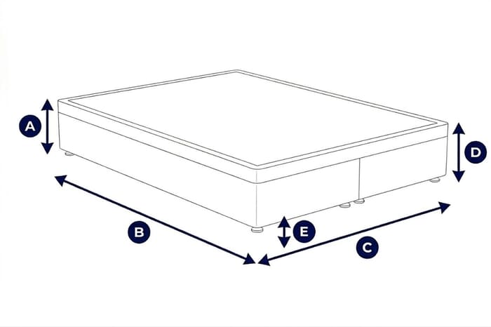 Diagram showing dimensions of the Coolflex® Essentials Pocket Memory Hybrid Mattress + Ottoman Divan Bed with labeled height, width, and depth