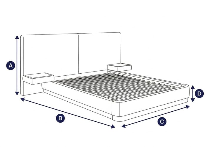 Diagram showing dimensions of the Como White Fabric Bed with labeled height, width, and depth
