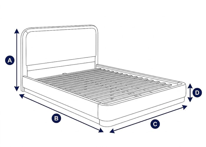 Diagram showing dimensions of the Girona White Fabric Bed with labeled height, width, and depth