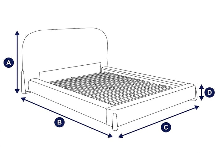 Diagram showing dimensions of the Amalfi White Fabric Bed with labeled height, width, and depth