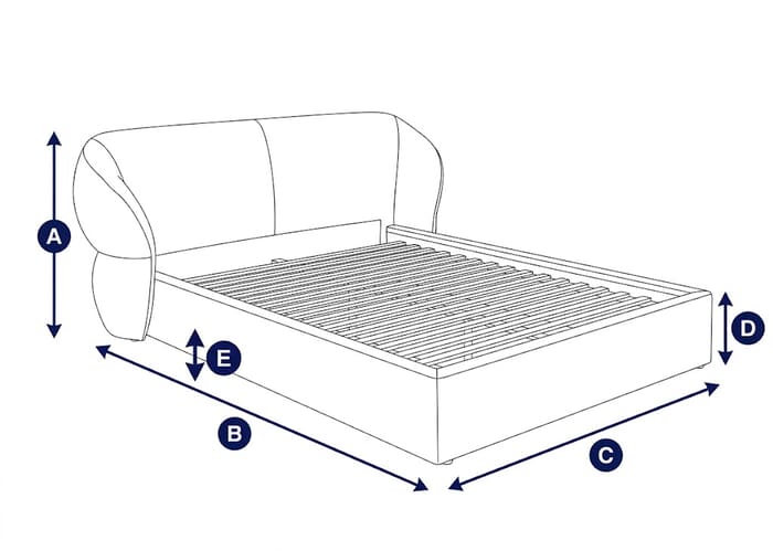Diagram showing dimensions of the Milan Grey Upholstered Bed with labeled height, width, and depth