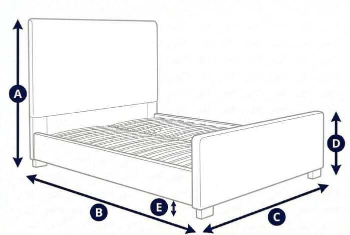 Diagram showing dimensions of the Herringford Wooden Bed with labeled height, width, and depth