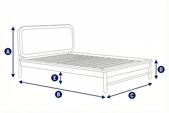 Diagram showing dimensions of the Amaya Low Footend Oak Bed with labeled height, width, and depth