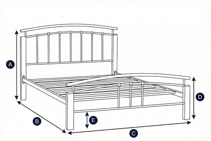 Diagram showing dimensions of the Liana Curved Headboard Bed with labeled height, width, and depth
