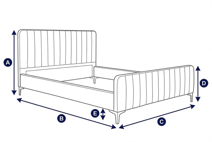 Diagram showing dimensions of the Rowan Navy Blue Velvet Bed with labeled height, width, and depth