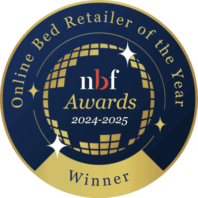 Award logo for Online Bed Retailer of the Year 2024/25, presented to MattressNextDay by the National Bed Federation