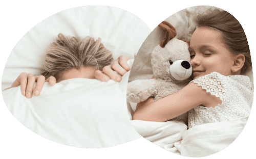Images showing a sleeping woman, a  sleeping child cuddling a teddy bear