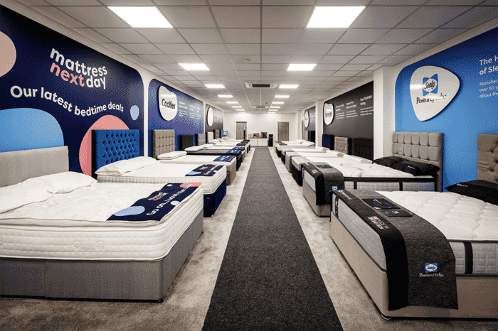 MattressNextDay showroom showing mattresses on beds on both the left and right handside