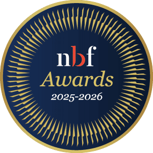Award logo for Online Bed Retailer of the Year 2024/25, presented to MattressNextDay by the National Bed Federation