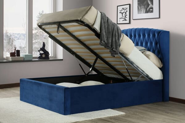 An image for Bedmaster Warwick Blue Velvet Ottoman Bed