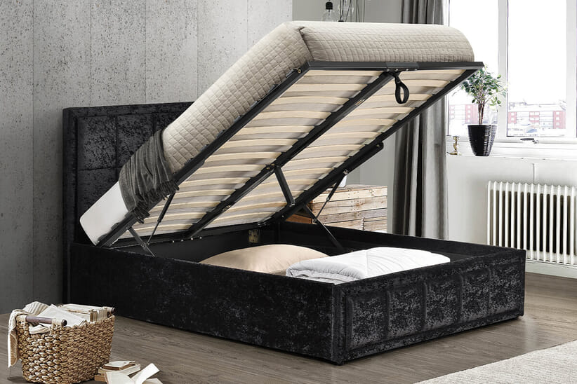 An image for Hannover Black Crushed Velvet Fabric Ottoman Bed