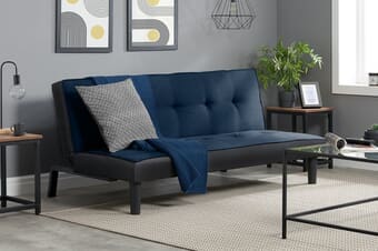 A product image for the Aurora Midnight Blue Velvet Sofa Bed