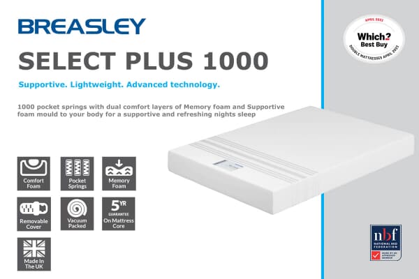 An image for Breasley Select PLUS Memory 1000 Pocket Mattress + Premium Divan Bed