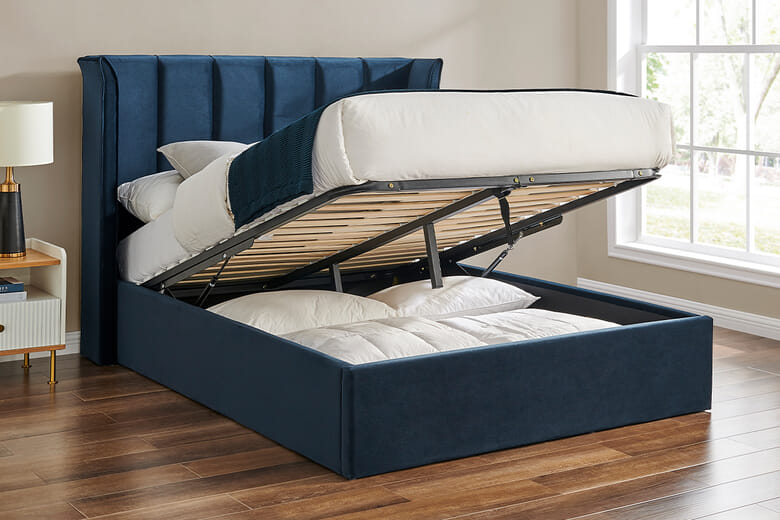 Product photograph of Catania Upholstered Ottoman Bed Limelight Navy Blue King Size from Mattressnextday