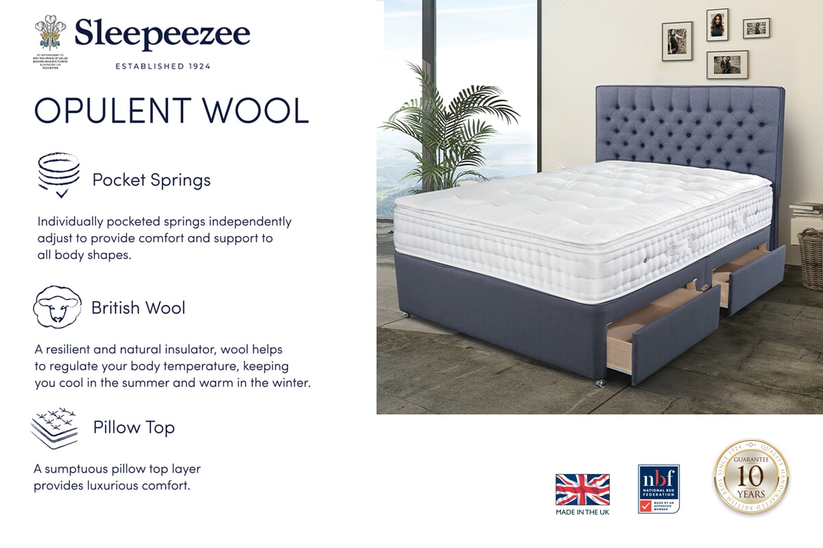 Sleepeezee Opulent Wool Pillow Top Mattress + Premium Divan Bed An image for Sleepeezee Opulent Wool Pillow Top Mattress + Premium Divan Bed