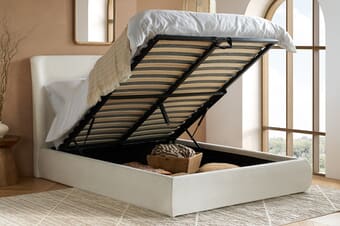 A product image for the Lanis Cream Fabric Ottoman Bed