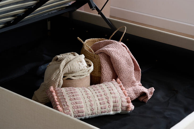 An image for Monaco Beige Fabric Ottoman Bed