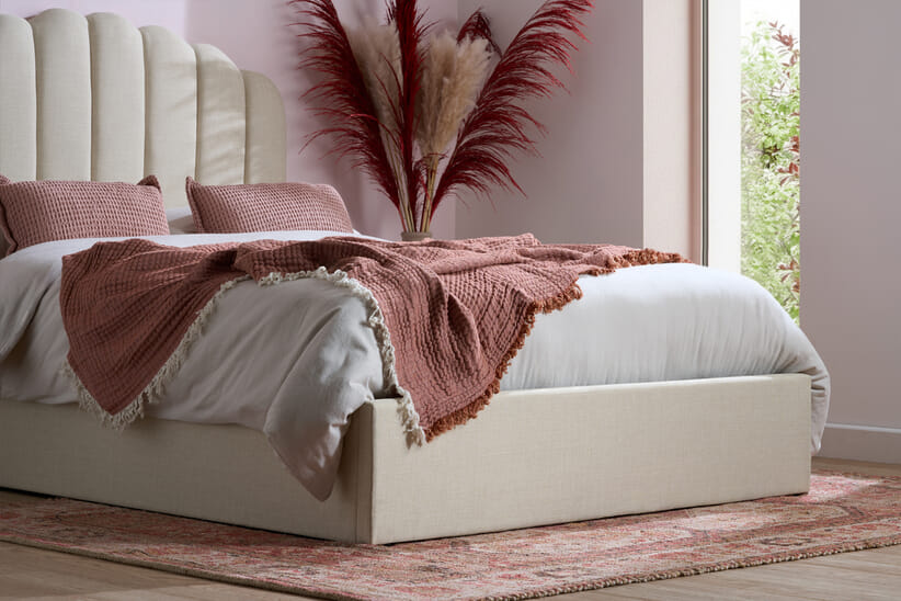 An image for Monaco Beige Fabric Ottoman Bed